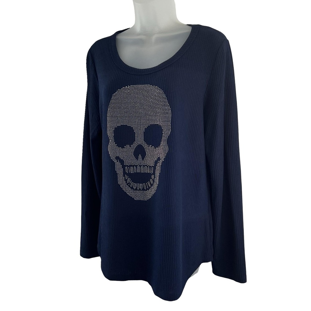 Vocal Top Womens XL Navy Blue Skull Rhinestone Long Sleeve Ribbed USA Gothic Y2K - Picture 4 of 16